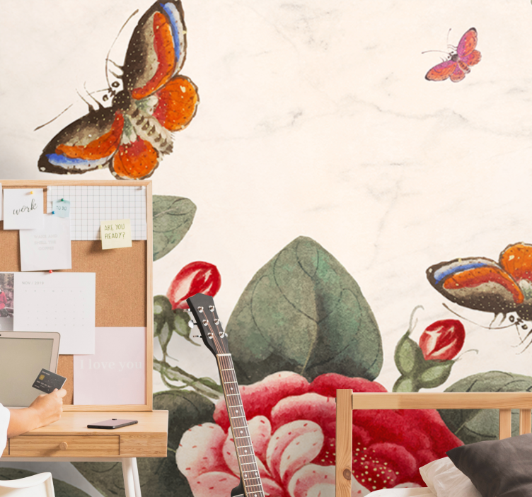 Bloemen foto behang fladderende insecten en bloesems - TenStickers