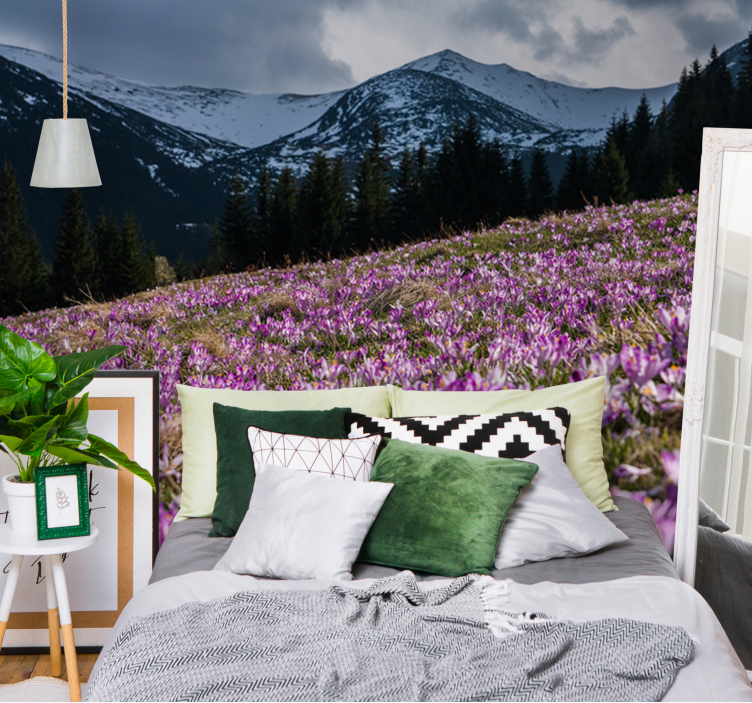 Bloemen foto behang krokusbloemenveld - TenStickers