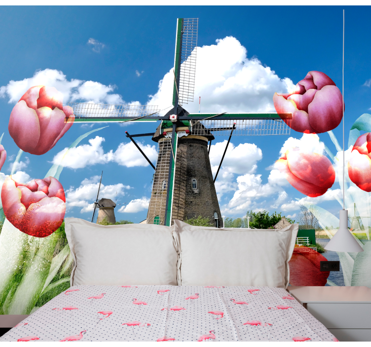 Bloemen foto behang tulpen en windmolen - TenStickers
