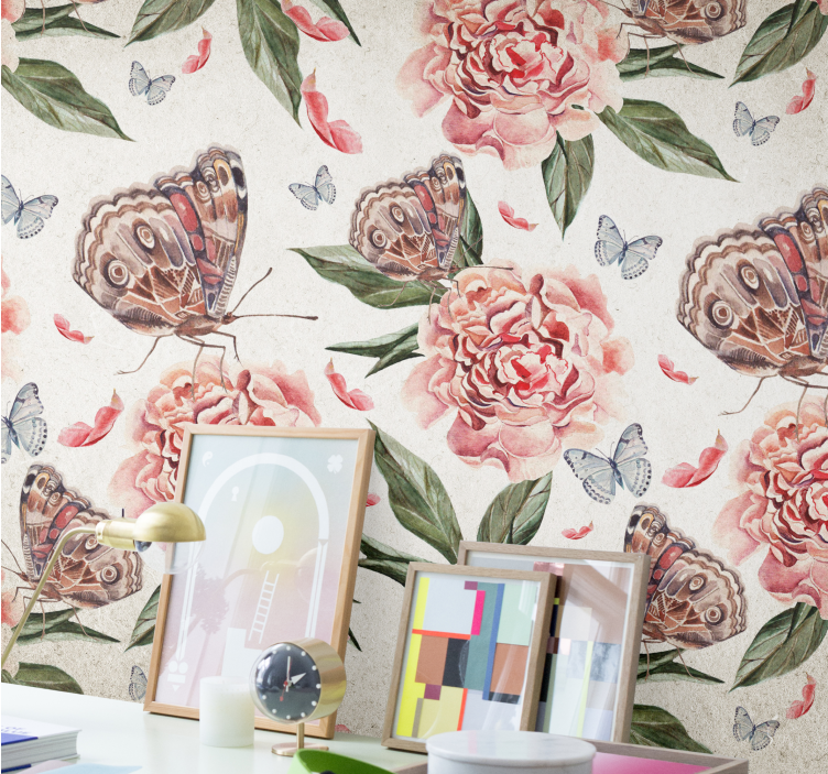 Bloemen foto behang vlinders en pioenrozen - TenStickers