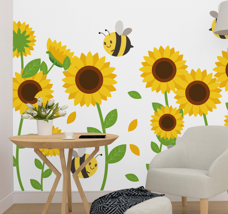Bloemen foto behang vrolijke zonnebloemen bijen - TenStickers