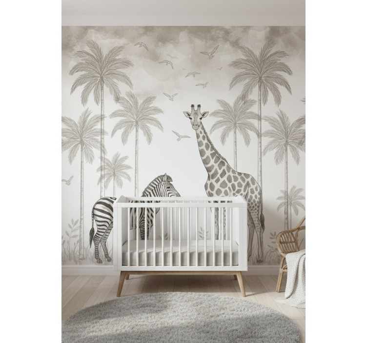 Foto behang babykamer monochrome jungle print - TenStickers