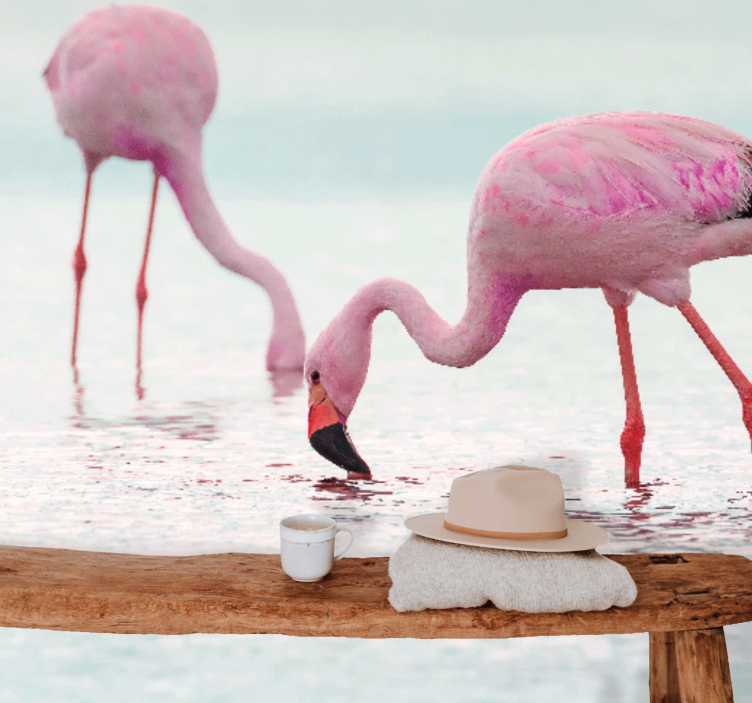Foto behang dieren flamingo voedingsscène - TenStickers