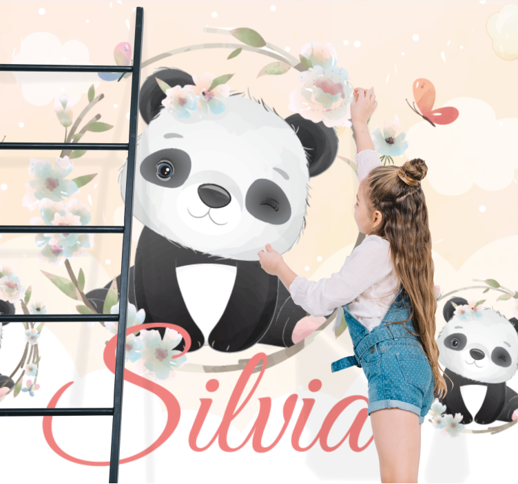 Foto behang dieren panda met bloemen - TenStickers