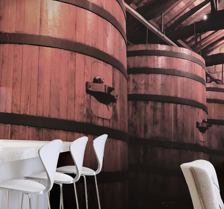 Foto behang stenen houten vaten opslag - TenStickers