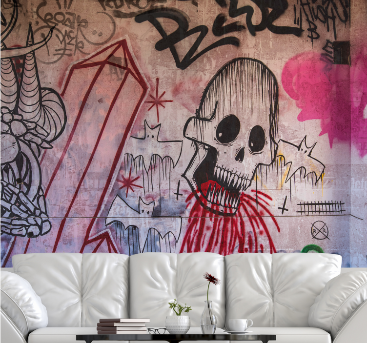 Fotobehang graffiti skull en vleermuizen - TenStickers