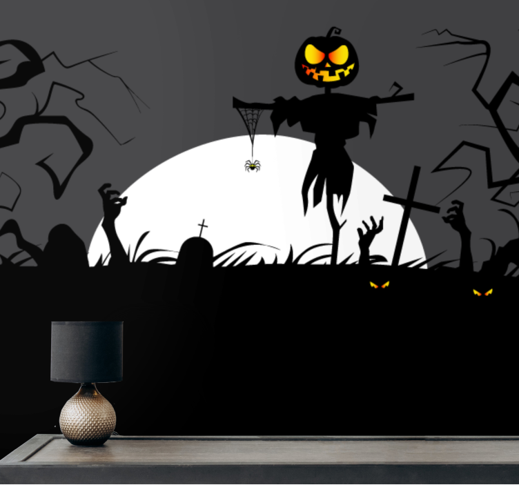 Fotobehang halloween creepy pompoen vogelverschrikker - TenStickers