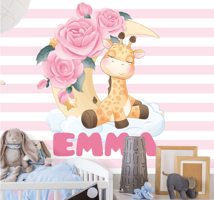 Fotobehang kinderkamer giraffe met rozen - TenStickers