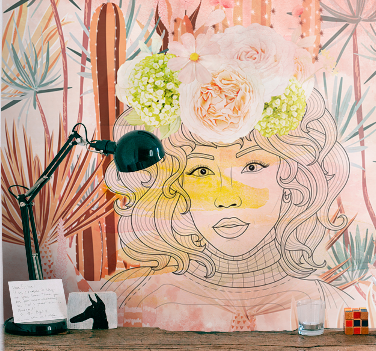 Fotobehang kunst bloemig portret illustratie - TenStickers