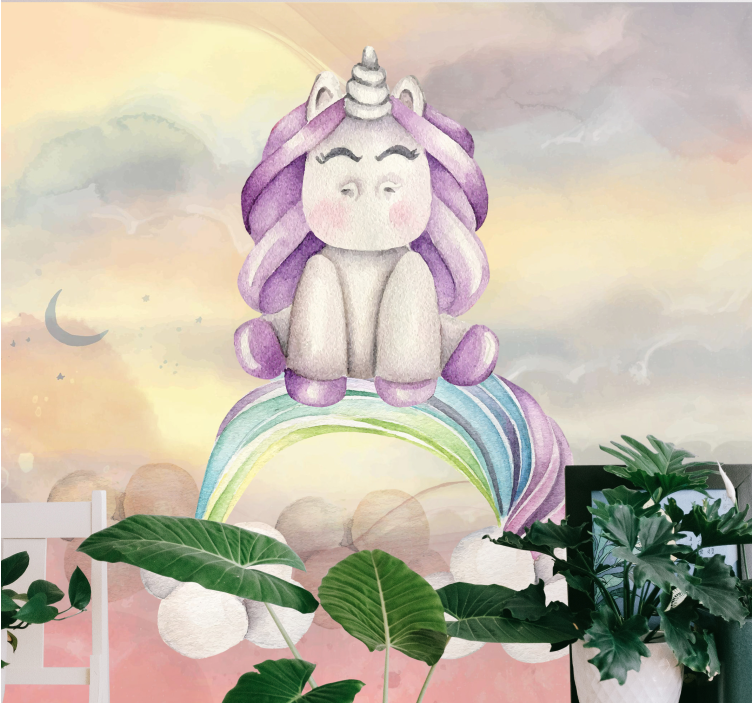 Fotobehang sprookje schattige eenhoorn regenboog - TenStickers