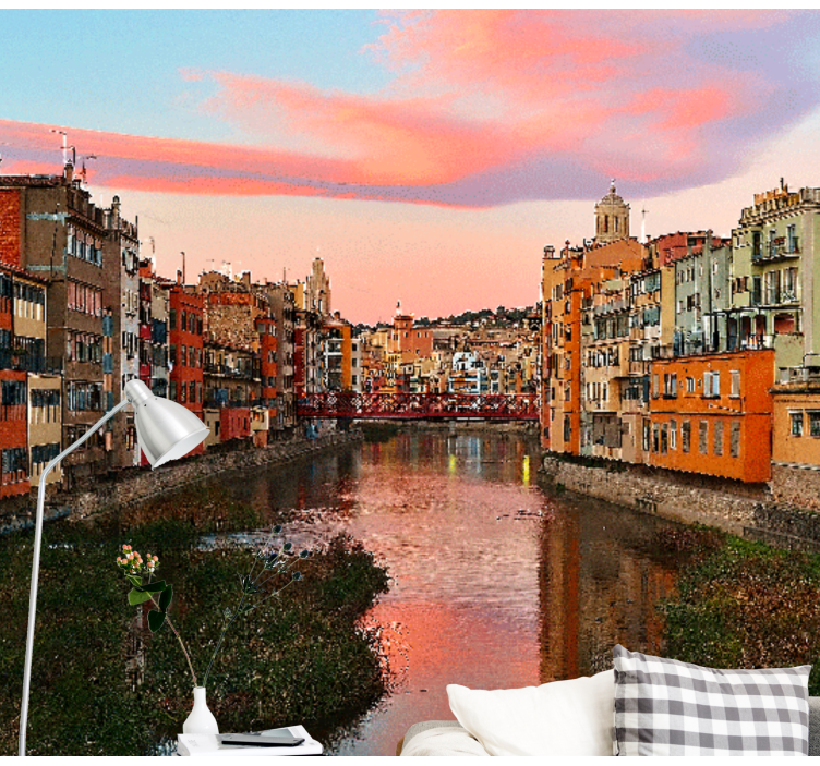 Fotobehang stad girona rivier zonsondergang - TenStickers