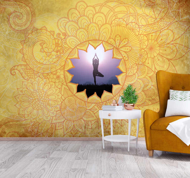 Gele yoga mandala fotobehang - TenStickers