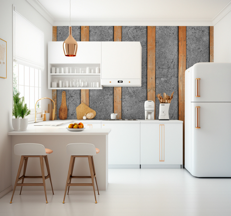 Houten planken op beton Fotobehang hout - TenStickers