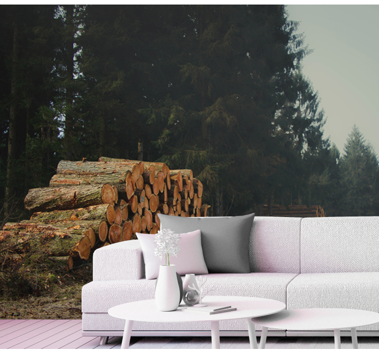 Houtstapels in het bos foto behang bos - TenStickers