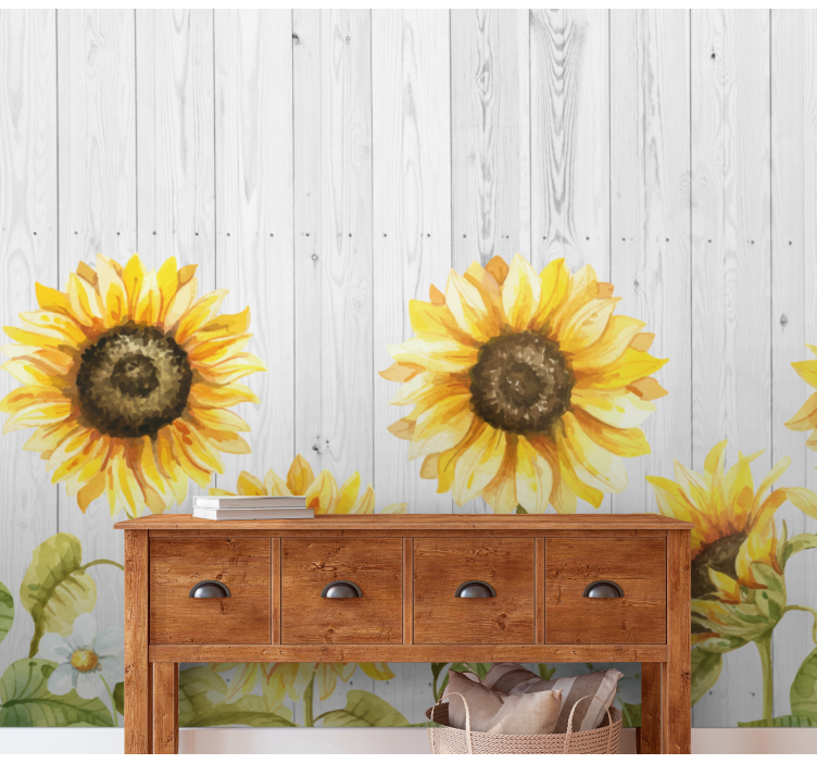 Zonnebloemen over houten textuur bloemen foto behang - TenStickers