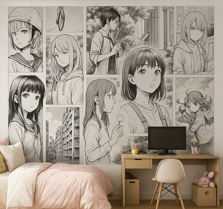 Zwart-witte manga fotobehang tienerkamer - TenStickers