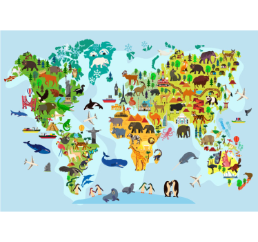 Wereldkaart monumenten en dieren - TenStickers