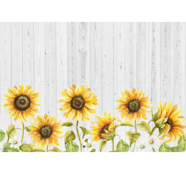 Zonnebloemen over houten textuur bloemen foto behang - TenStickers