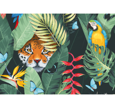 Tijger en papegaai foto behang dieren - TenStickers