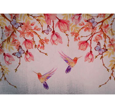Kolibries en bloesems bloemen foto behang - TenStickers