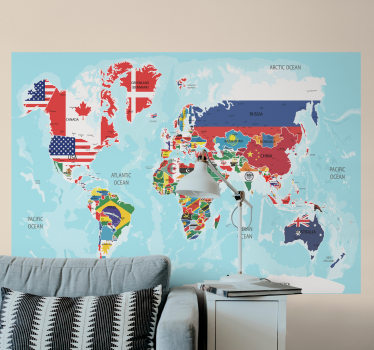 Fotobehang wereldkaart op maat Wereldkaart met vlaggen - TenStickers
