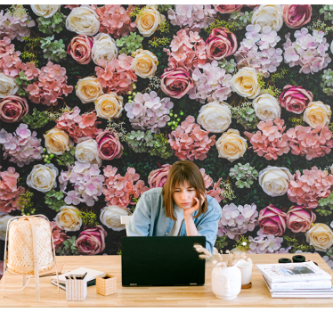 Bloemen foto behang met bloeiende rozenaccenten - TenStickers