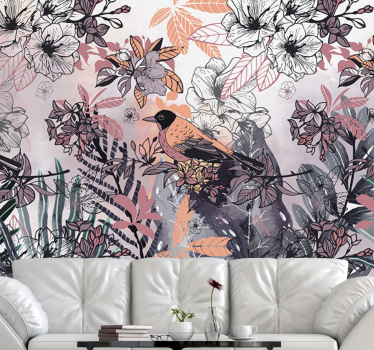 Bloemen foto behang vogel tussen bloemen - TenStickers