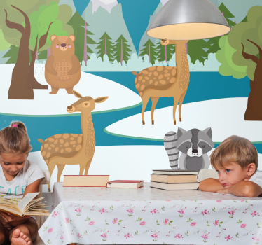 Getekende bosdieren scène fotobehang kinderkamer - TenStickers