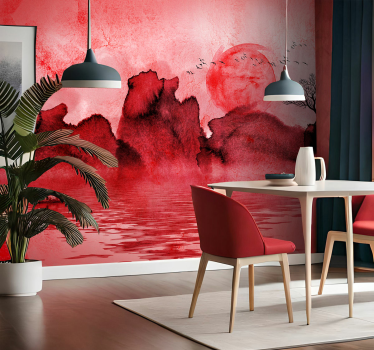 Chinees inktlandschap Foto behang rood - TenStickers