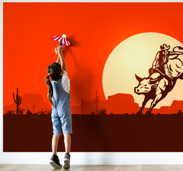 Fotobehang kinderkamer cowboy op stier - TenStickers