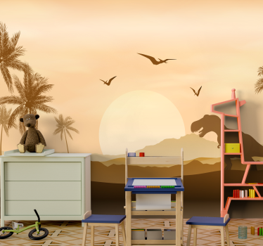 Dinosaurus zonsondergang landschap fotobehang kinderkamer - TenStickers