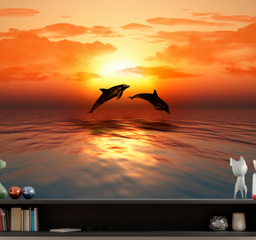 Dolfijnen springen zonsondergang foto behang dieren - TenStickers