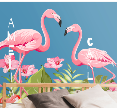 Flamingo's en bloemen foto behang dieren - TenStickers