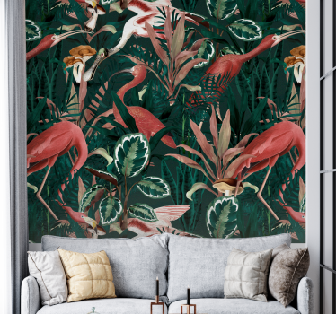 Flamingo's in het blad foto behang dieren - TenStickers