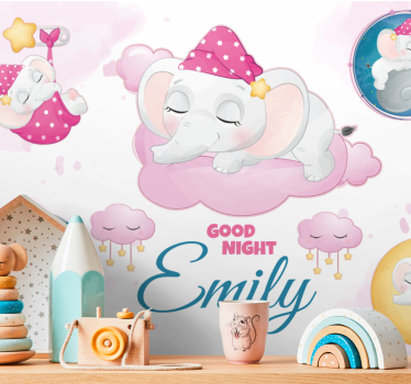 Fotobehang babykamer roze olifant met naam - TenStickers