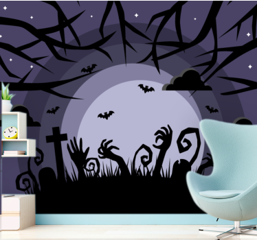 Fotobehang halloween spookachtige begraafplaats scene - TenStickers
