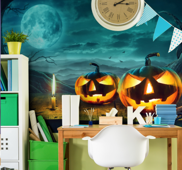 Fotobehang halloween stralende pompoengezichten - TenStickers