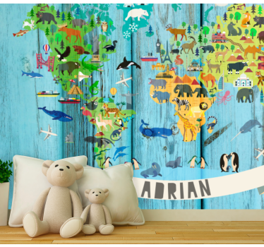 Fotobehang wereldkaart interactieve dierenkaart - TenStickers