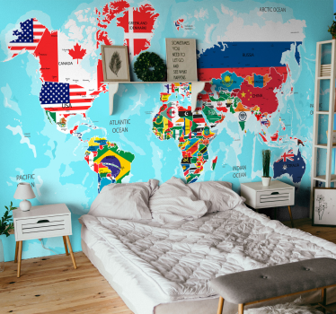 Fotobehang wereldkaart op maat Wereldkaart met vlaggen - TenStickers