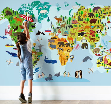 Wereldkaart monumenten en dieren - TenStickers