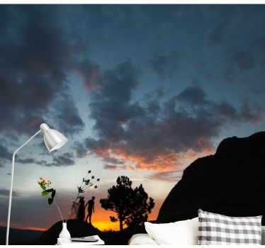 Fototapet landschap silhouet bij zonsondergang - TenStickers