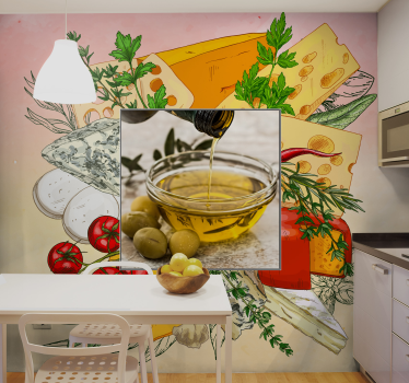 Kaas- en olijvenmix fotobehang keuken - TenStickers