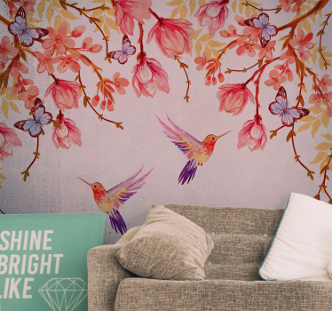 Kolibries en bloesems bloemen foto behang - TenStickers