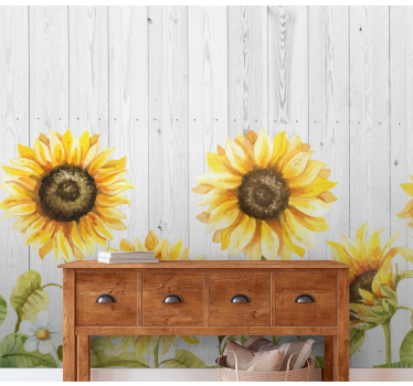 Zonnebloemen over houten textuur bloemen foto behang - TenStickers