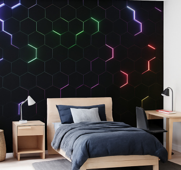 Neon 3d-zeshoeken fotobehang tienerkamer - TenStickers