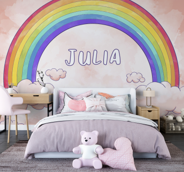 Regenboog met wolken naam Fotobehang kinderkamer - TenStickers