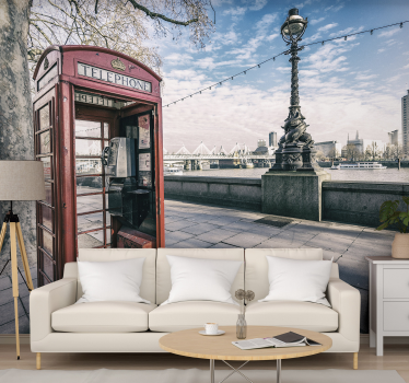 Rode telefooncel Londen stad muur fotobehang - TenStickers