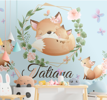 Schattige vossenfamilie met naam fotobehang kinderkamer - TenStickers