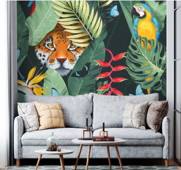 Tijger en papegaai foto behang dieren - TenStickers