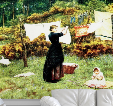 Vrouw hangt wasgoed op fotobehang klassiek - TenStickers
